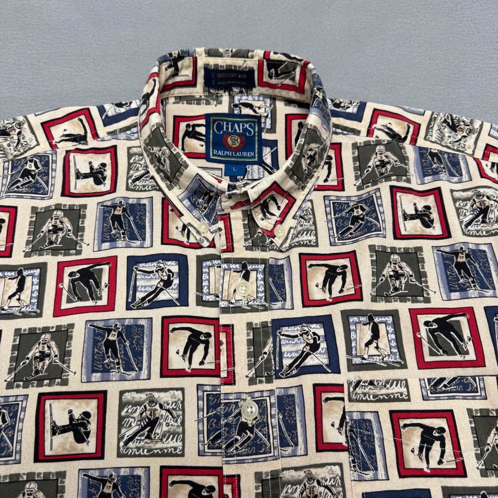 Chaps Ralph Lauren Shirt Mens L Ski Novelty Print Cotton Vintage Button Down